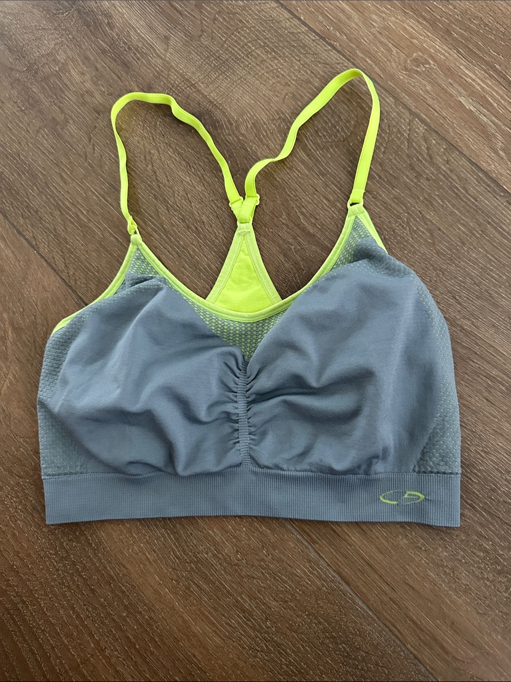 Champion Gray Sports Bra with Neon Yellow Straps. SizeXL.
